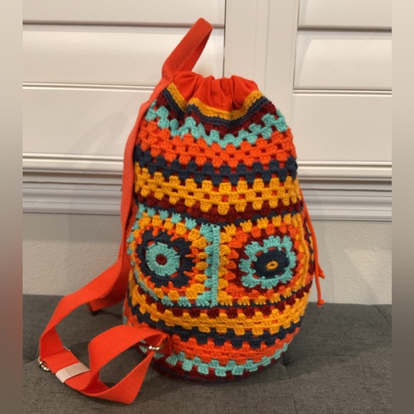 NWT Cider Retro Crochet Granny Square Drawstring Backpack Boho - Picture 7 of 16